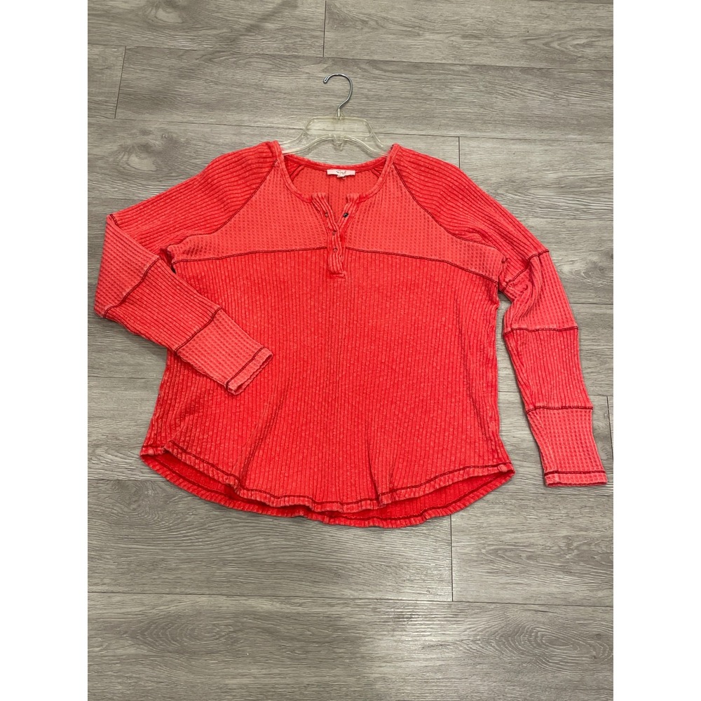 Easel Womens Thermal Top Boho Henley Waffle Knit Orange Long Sleeve Size Small